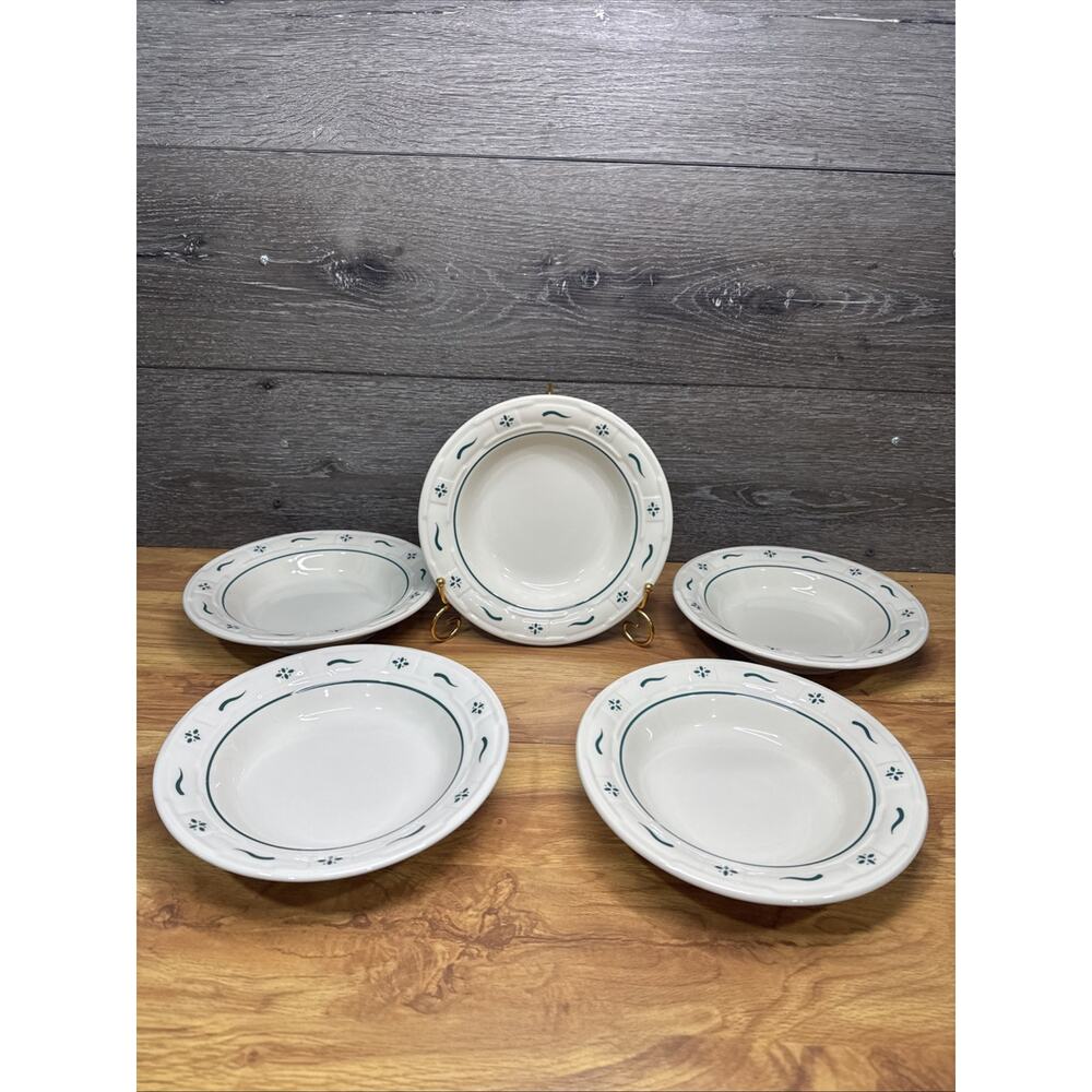 Longaberger Woven Traditions Heritage Green 8” Rim Soup Bowls USA ~Set Of 5 New